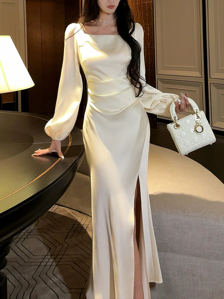 Trendy Comfort white satin long-sleeved dress luxury evening dress    S6100