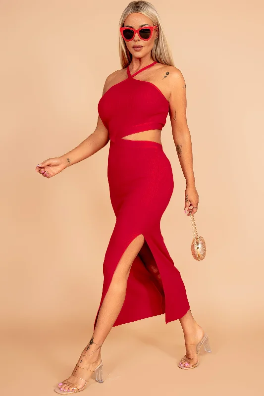 Relaxed Fashion Ivey Red Knit Ribbed Dress