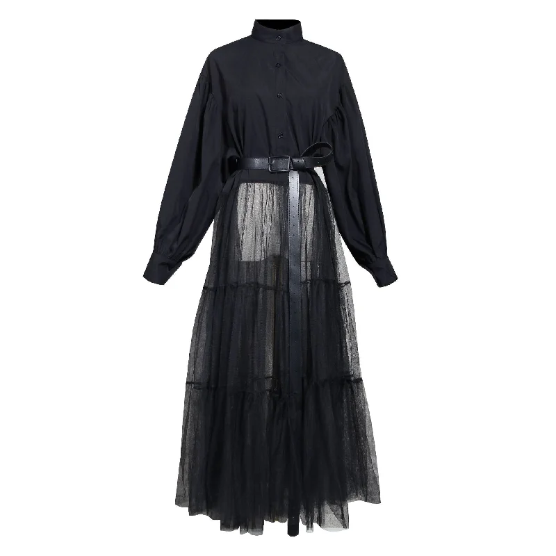 Functional Outfits Designed Tulle Contrast High Waist Women Long Shirt Dresses
