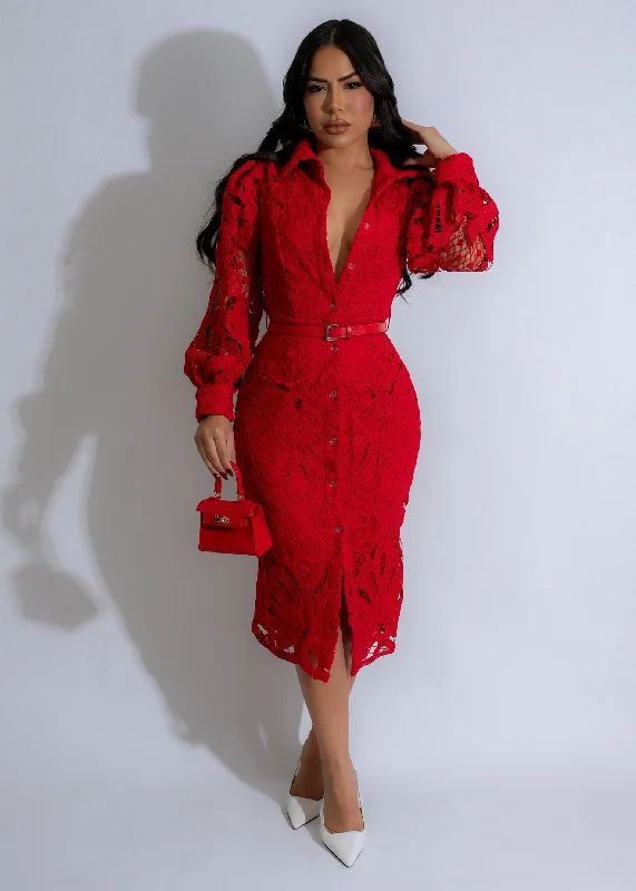 Personalized Embroidery Style Radiant Intrigue Lace Midi Dress Red