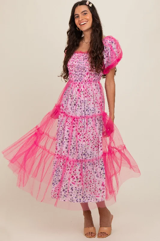 Daily Comfort Magenta Floral Lined Smocked Tulle Midi Dress