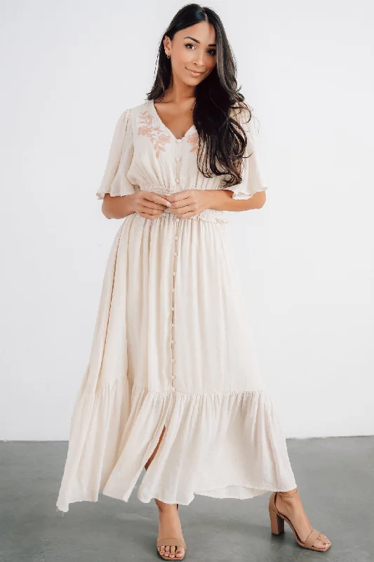Personalized Contrast Design Luz Embroidered Maxi Dress | Natural