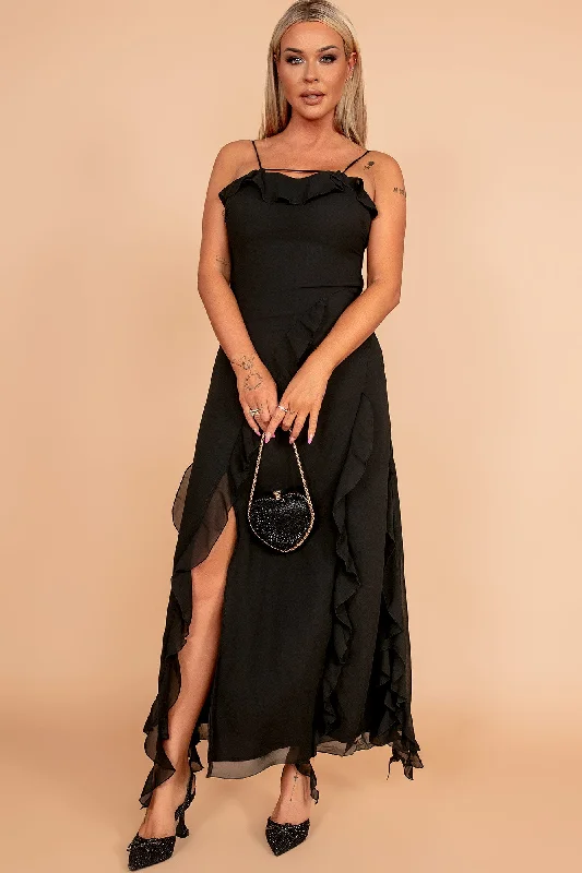 Affordable Trend Rochel Black Chiffon Frill Maxi Dress