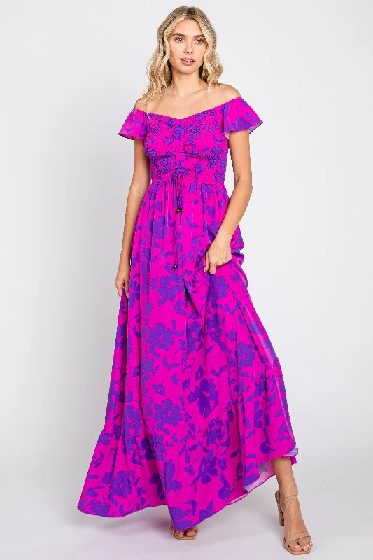 Affordable Fashion Magenta Floral Smocked Cinched Top Maxi Dress