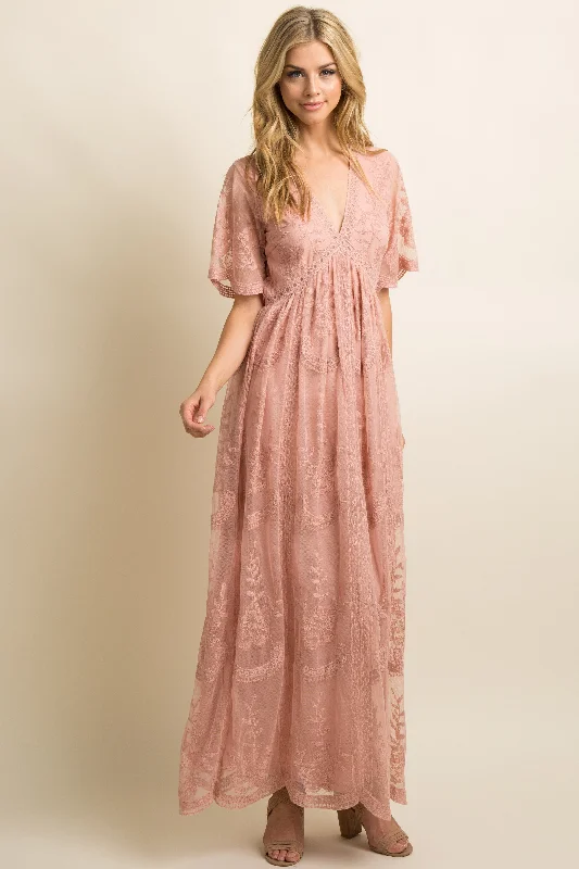 Minimalist Style Light Pink Lace Mesh Overlay Maxi Dress