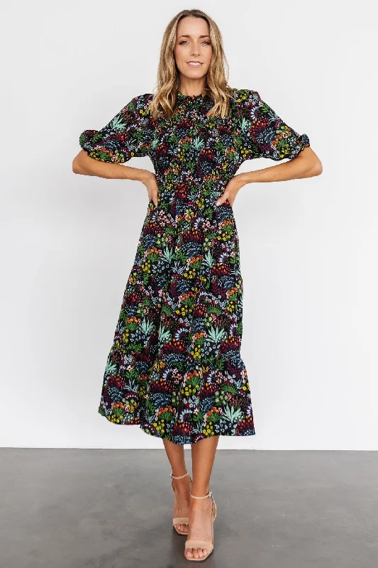 Trendy Vibes Lena Tiered Midi Dress | Black Multi Floral
