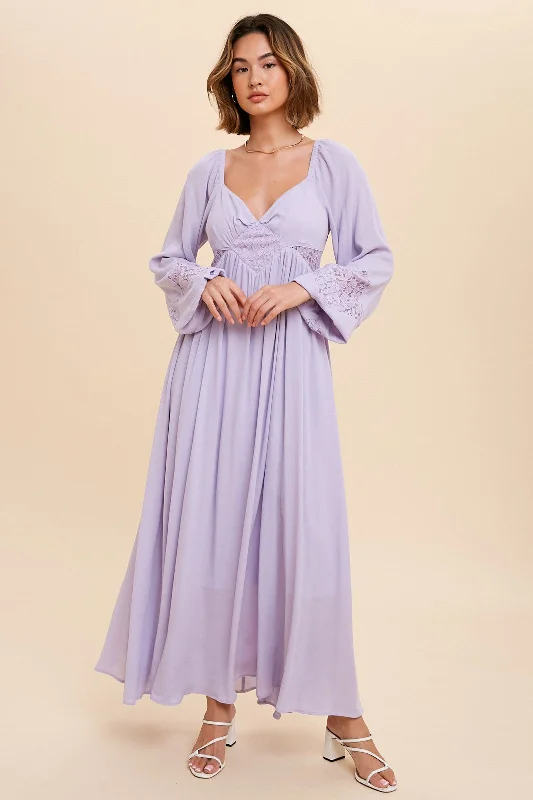 Personalized Embroidery Style Lavender Lace Accent Long Sleeve Maxi Dress