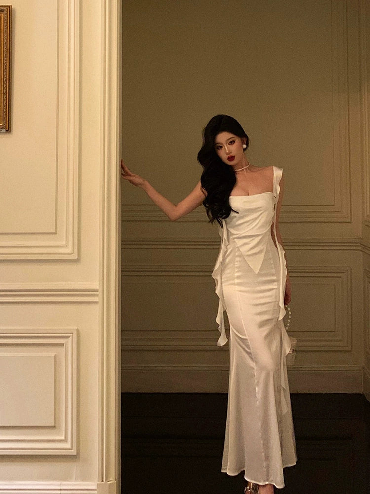 Stylish Comfortwear White satin suspender dress new ribbon backless split long party dress       S5681