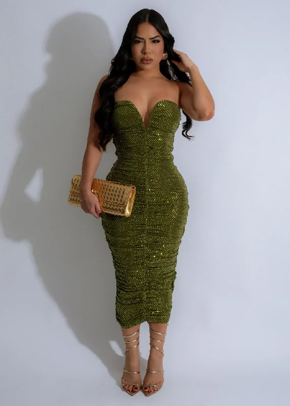 Comfortable Layering Stellar Allure Sparkles Ruched Midi Dress Green