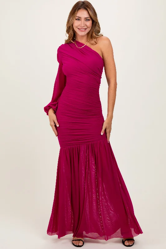 Simple Style Magenta Ruched Mesh One Shoulder Asymmetric Maxi Dress