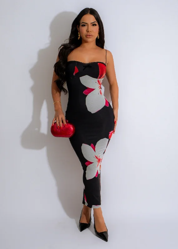 Modern Looks Blossom Noir Slip Mesh Midi Dress Black
