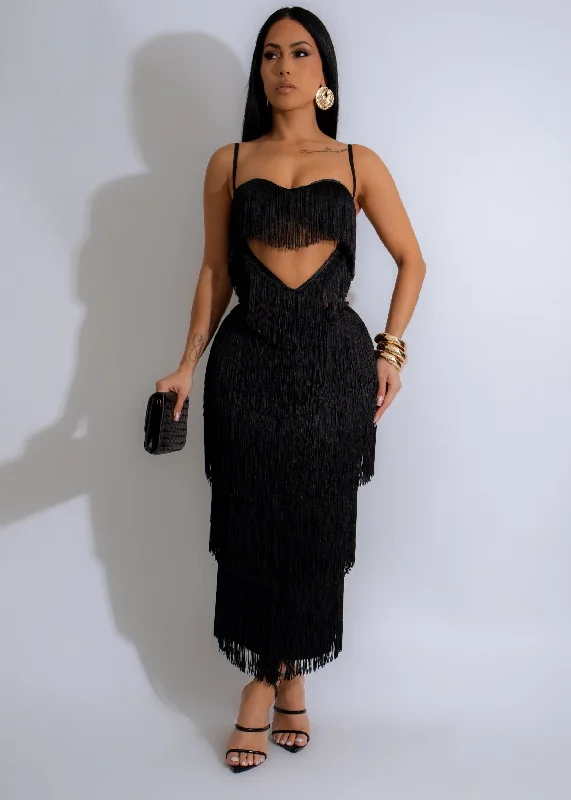 Sleek Outfits Twilight Tango Fringes Midi Dress Black