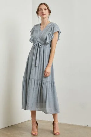 Personalized Heterogeneous Splicing Light Blue Cuffed Sleeve Front Tie Maxi Dress