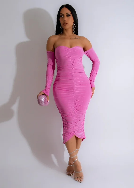 Practical Wear Vibrant Charm Ruched Midi Dress Pink