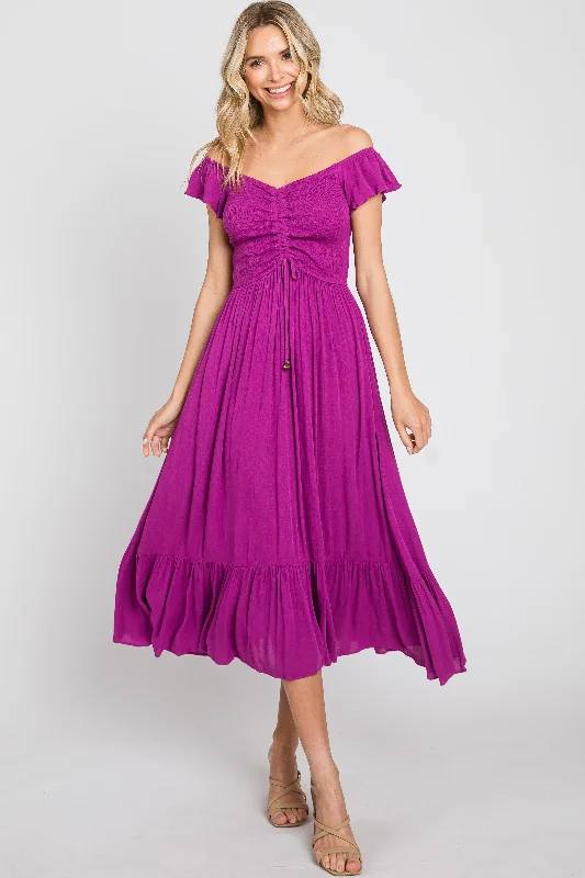 Affordable Chic Magenta Smocked Ruched Ruffle Hem Maxi Dress