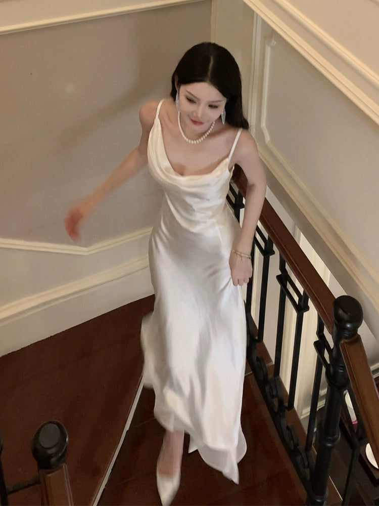 Easy Fashion white satin dress long evening dress    S5949