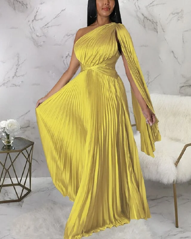 Cozy Wear Satin Pleated Drape Sleeve Floor-Length Dresses