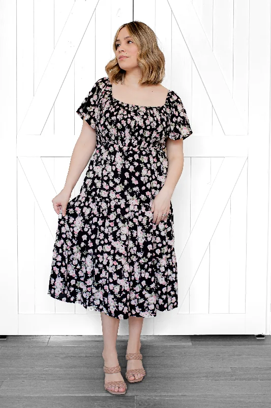 Relaxed Fashion Adella Smocked Floral Midi Dress in Black (FINAL SALE)