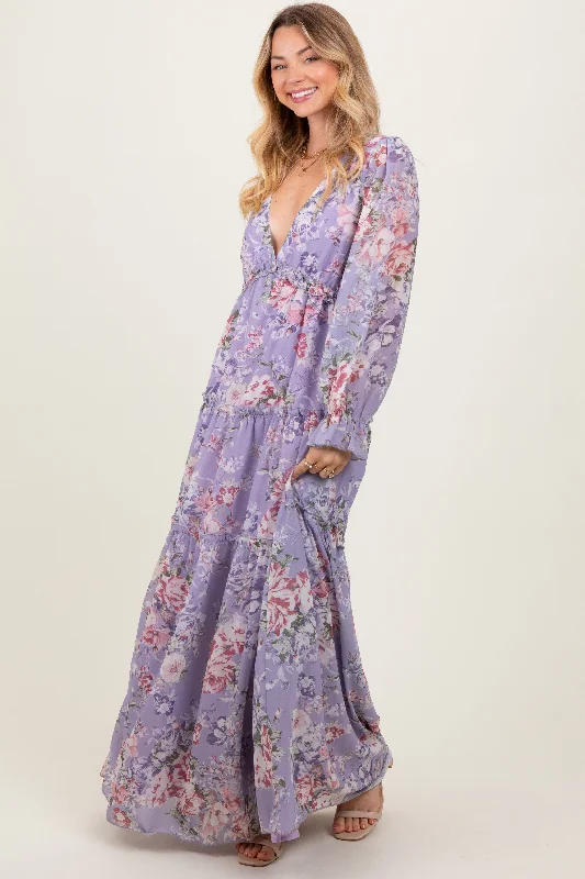 Everyday Style Lavender Floral Chiffon Deep V Ruffle Tiered Maxi Dress