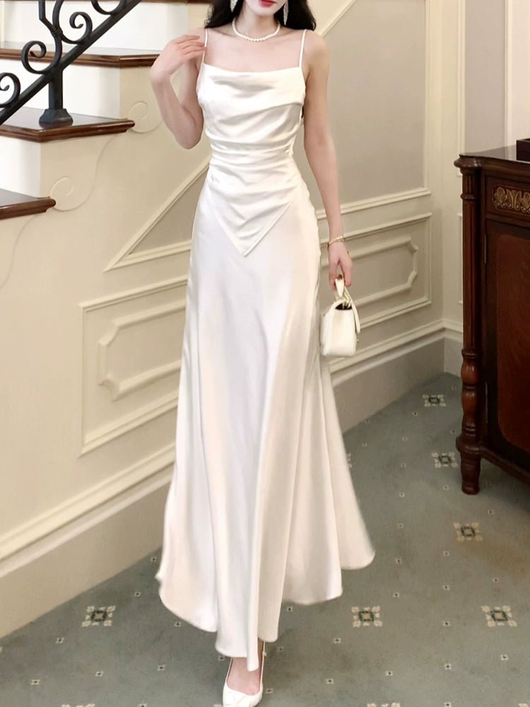 Cool Comfort white satin dress, elegant long party dress      S5970