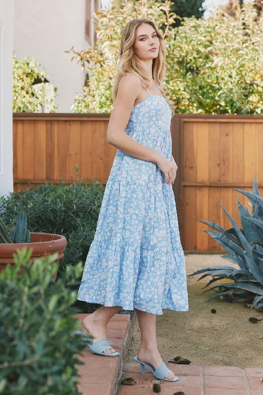 Personalized Graphic Design Light Blue Floral Cutout Tie Back Midi Dress