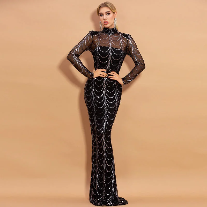 Comfy Clothes Sexy Black High Neck See Throught Long Evening Dresses
