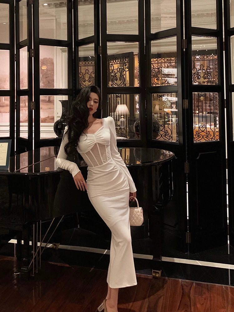 Chic and Cozy White sexy long-sleeved dress party dress     S5688