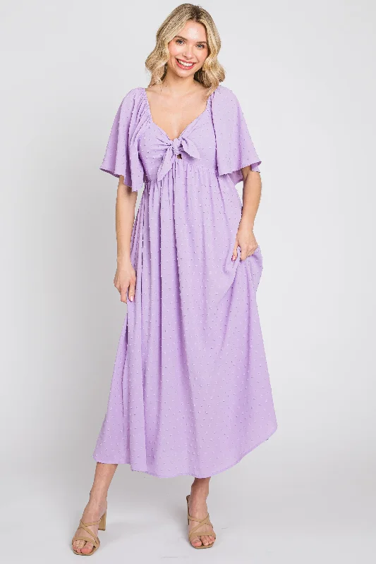 Personalized Text Lavender Textured Dot Front Tie Ruffle Sleeve Midi Dress