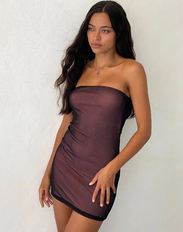 Relaxing Attire Rowena Bandeau Mesh Mini Dress in Black with Pink Lining
