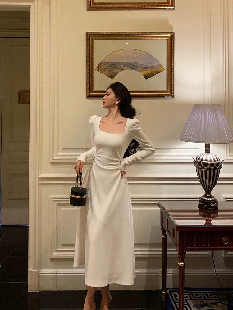 Comfortable Layering White square neck dress for women new style pleated waist party dress     S5584