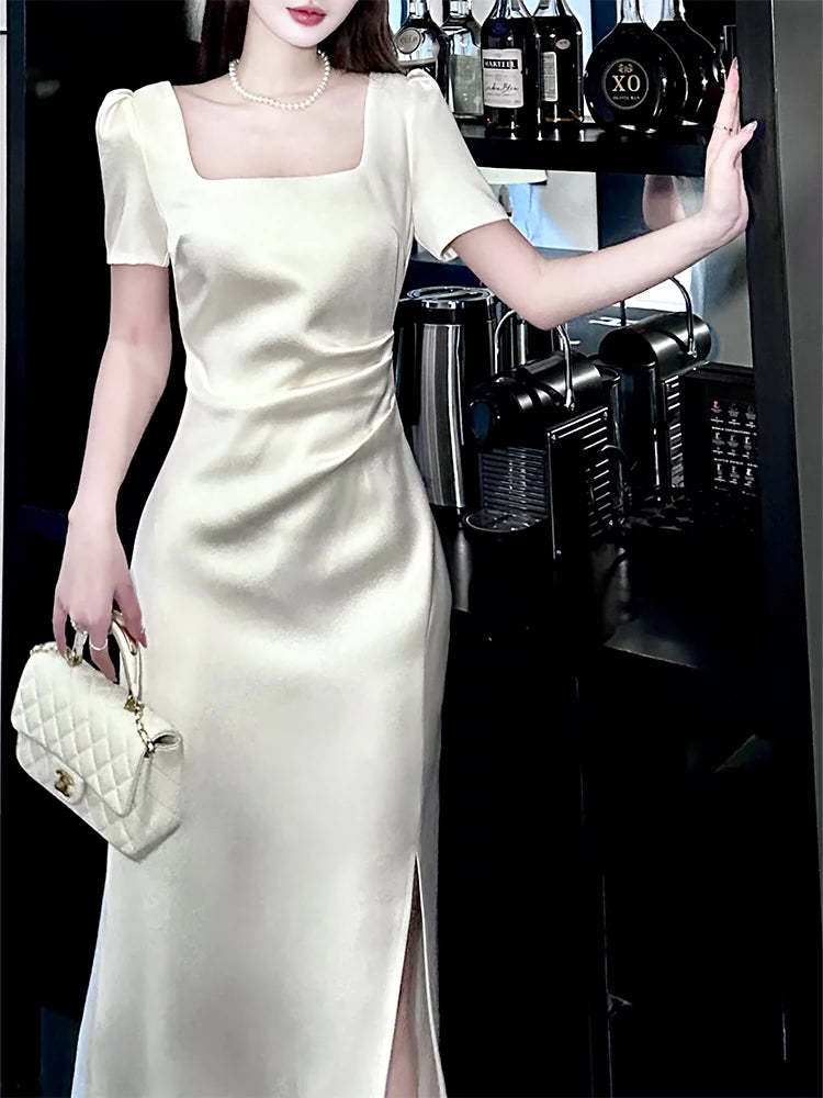 Modern Comfort White short-sleeved dress elegant engagement dress satin long dress    S5953