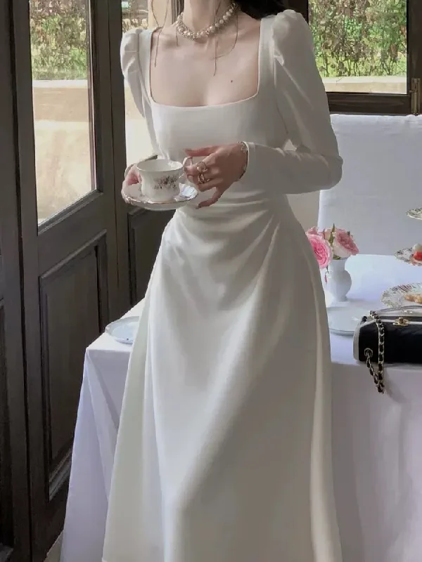 Soft Fabrics White Wedding Dress Long Sleeve Square Neck Women Elegant Evening Prom Party Dress S5421 Soft Fabrics White Wedding Dress Long Sleeve Square Neck Women Elegant Evening Prom Party Dress S5421