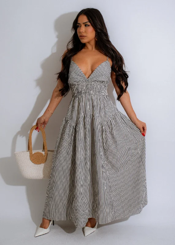 Bold Style Nautical Breeze Stripes Midi Dress Grey
