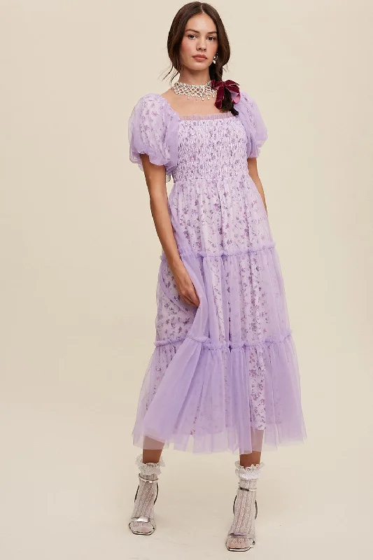 Relaxed Outfits Lavender Floral Lined Smocked Tulle Midi Dress