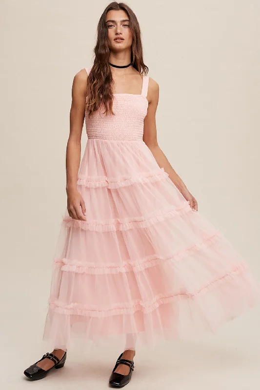 Cozy Comforts Light Pink Smocked Ruffle Tiered Tulle Midi Dress
