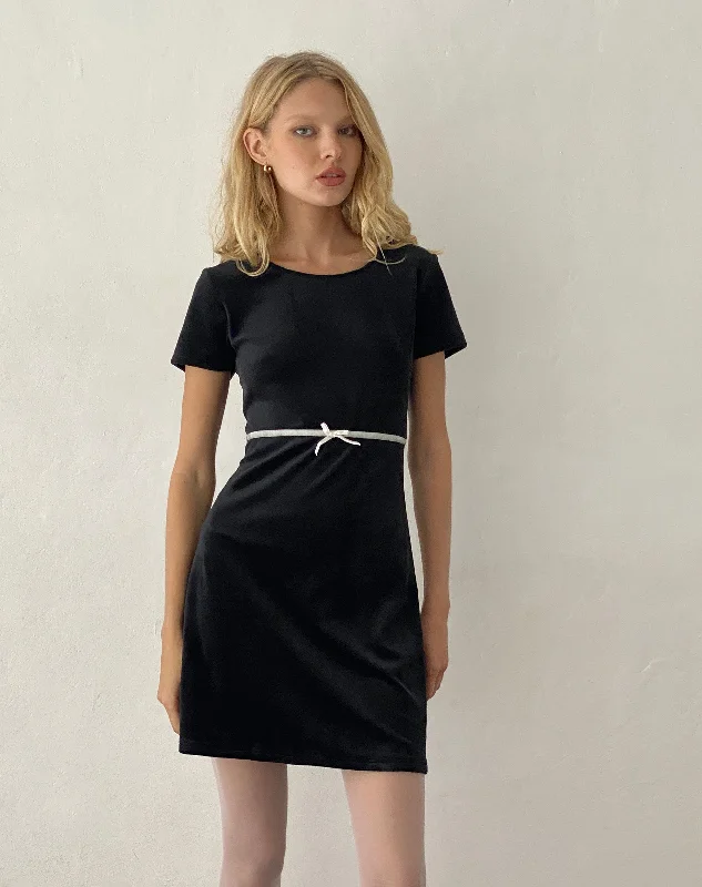 Romantic Skirt Design Amanda Mini Dress in Black Velvet with White Trim and Bow