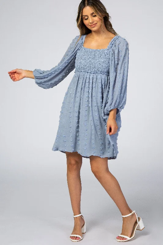 Stylish Wear Light Blue Textured Dot Smocked Square Neck Chiffon Dress
