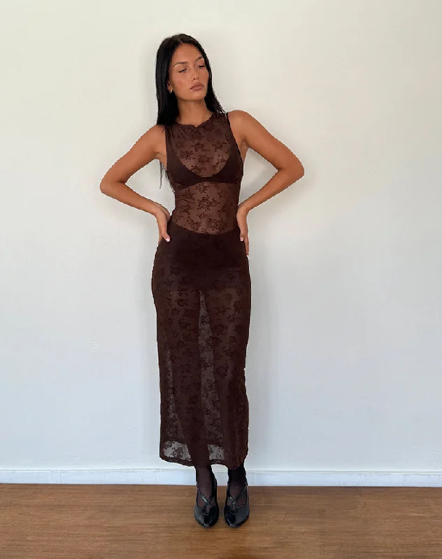 Chic Style Florian Romantic Rose Midi Dress in Flock Brown