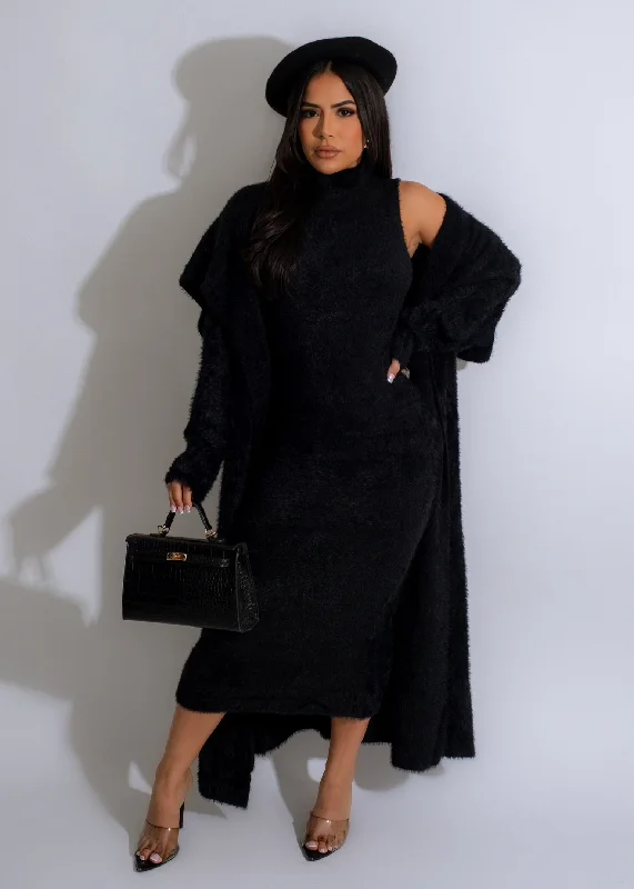 Affordable Chic Comfy Teddy Bear Midi Dress Set Black