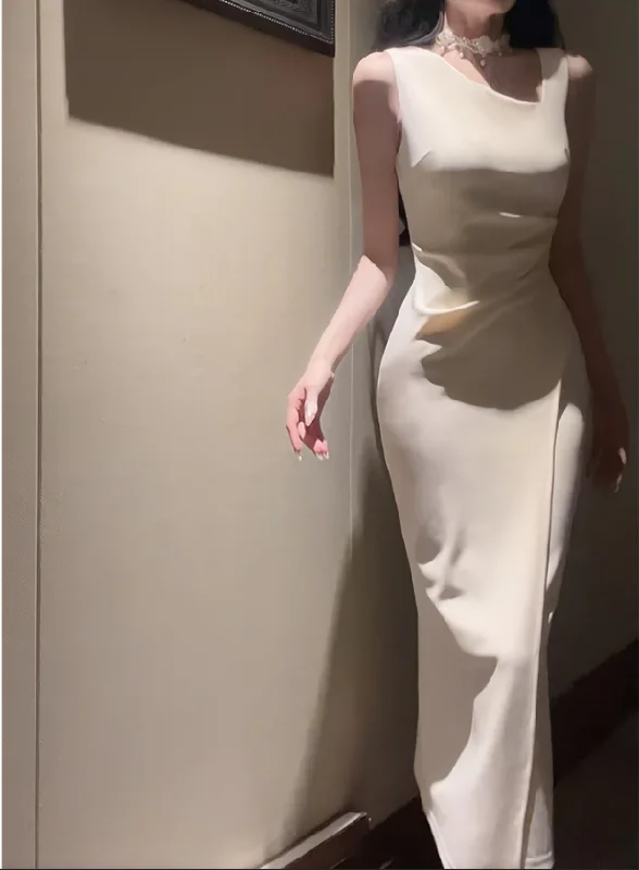 Elegant Comfort white simple dress long party dress    S6057