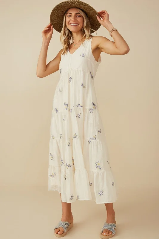 Fashion Layers Lavender Ditsy Floral Embroidered V Neck Tiered Dress