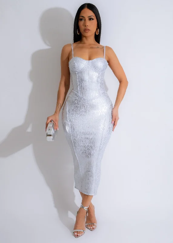 Casual Vibes Shimmer Midi Dress Silver