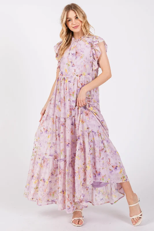 Comfort Wardrobe Lavender Floral Chiffon Ruffle Shoulder Tiered Maxi Dress