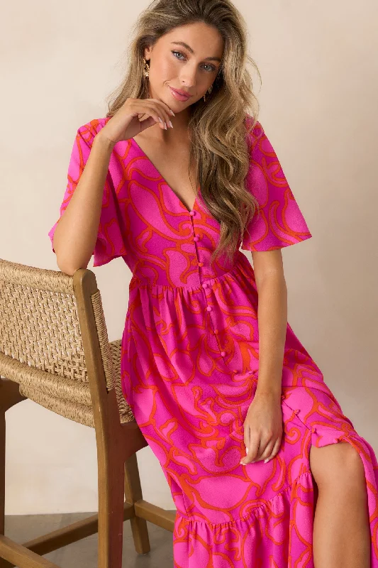 Chic Style Budding Hearts Magenta Floral Button Front Maxi Dress