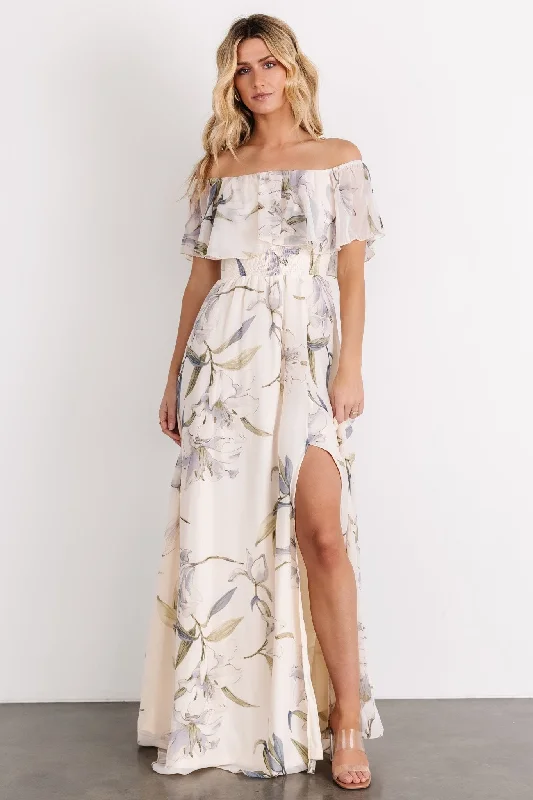 Chic Outfits Daphne Off Shoulder Maxi Dress | Beige + Blue Floral