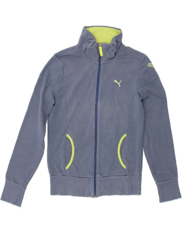 Stylish Comfortwear PUMA Womens Graphic Tracksuit Top Jacket UK 10 Small Blue Cotton