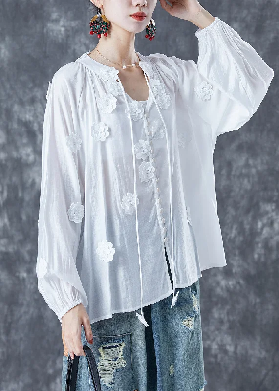 Affordable Chic Diy White Floral Lace Up Cotton Shirts Summer