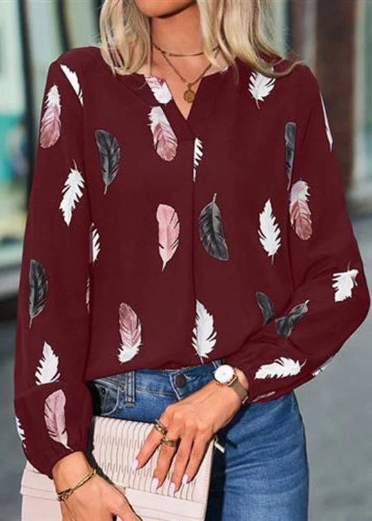 Budget Apparel Fitted Mulberry V Neck Print Shirt Long Sleeve