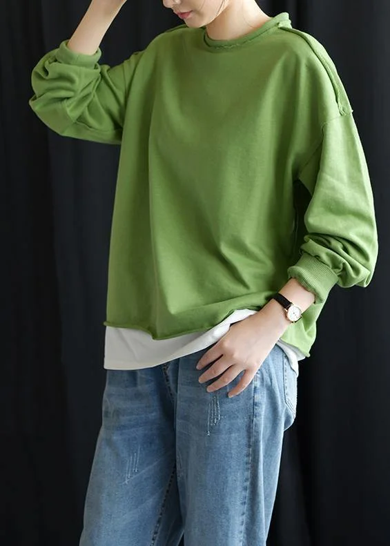 Warm Style Elegant o neck false two pieces cotton linen tops women green top fall