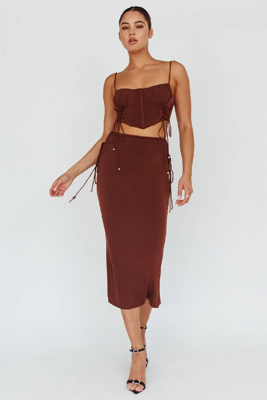 Practical Wear Graziella Lace Up Midi Skirt Chocolate